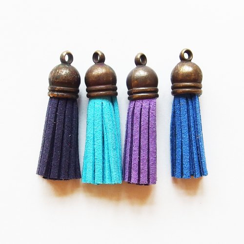 Breloques pompons suédine bleu violet embout bronze 35mm x4