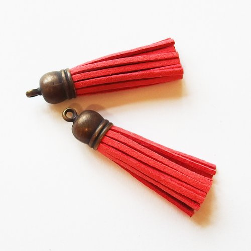 Breloques pompons suédine orange saumon embout bronze 55mm x2