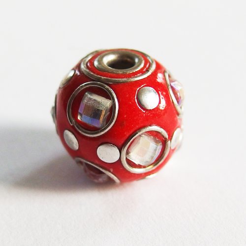 Perle ethnique indonésienne kashmiri rouge argent strass