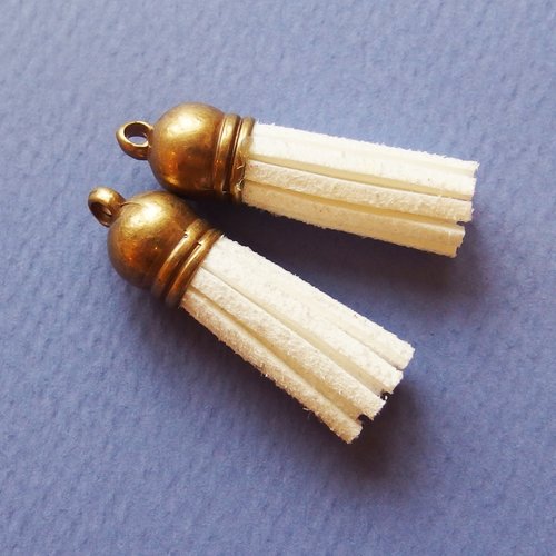 Breloques pompons suédine blanc embout bronze doré 35mm x2