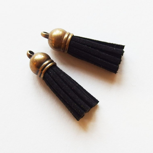 Breloques pompons glands suédine noir embout bronze doré 35mm x2