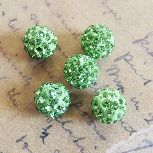 Lot perles shamballa 1cm strass vert printemps x5