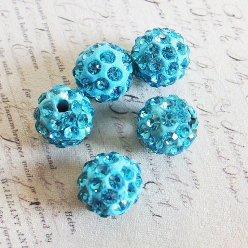 Lot perles shamballa 1cm strass bleu turquoise x5