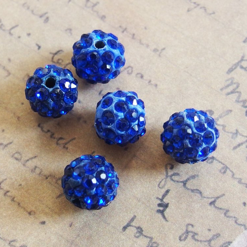 Lot perles shamballa 1cm strass bleu outremer x5