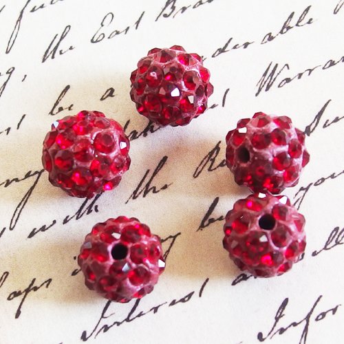 Lot perles shamballa 1cm strass rouge grenat x5