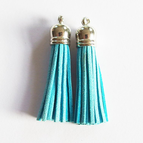 Breloques pompons glands suédine bleu turquoise embout argenté 55mm x2