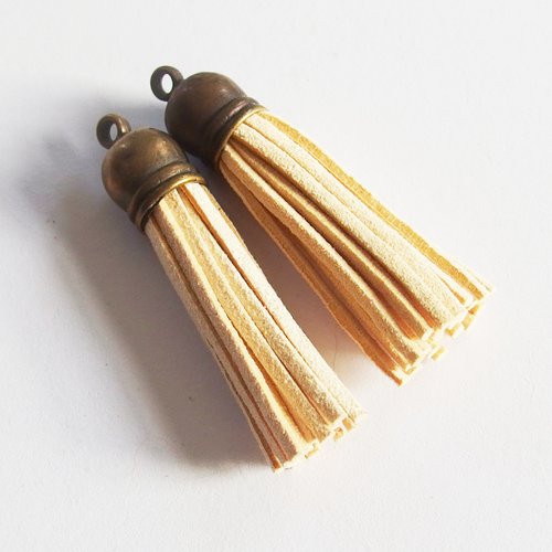 Breloques pompons glands suédine beige embout bronze 55mm x2