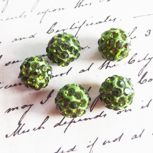 Lot perles shamballa 1cm strass vert kaki x5