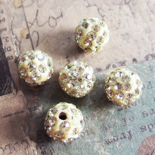 Lot perles shamballa 1cm strass jaune clair x5