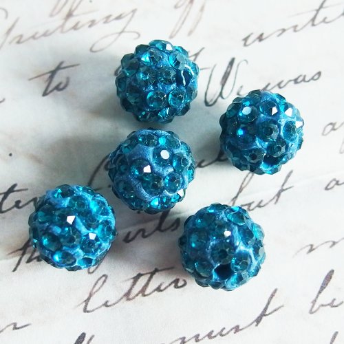 Lot perles shamballa 1cm strass bleu indigo x5