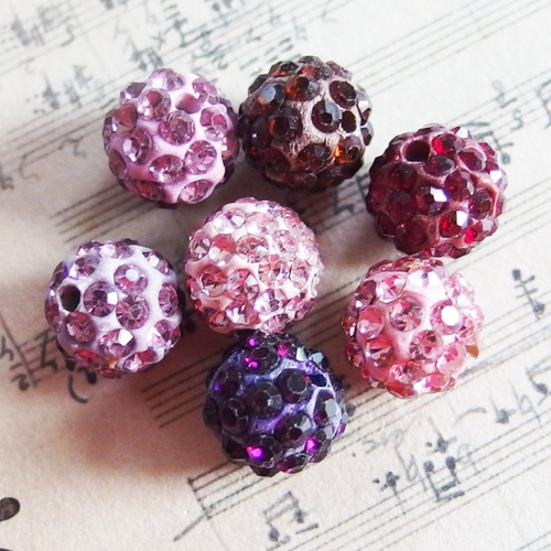 Lot perles shamballa 1cm strass rose marron x7