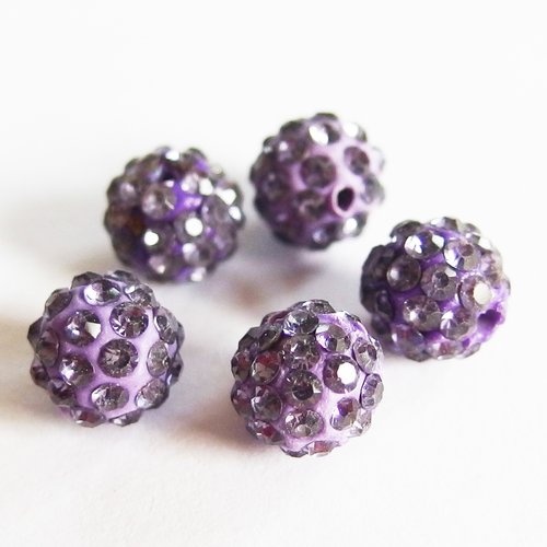 Lot perles shamballa 1cm strass violet x5