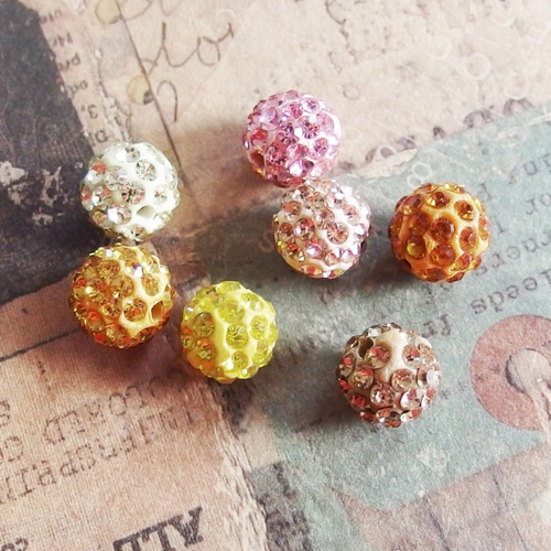 Lot perles shamballa 1cm strass mélange rose jaune x7