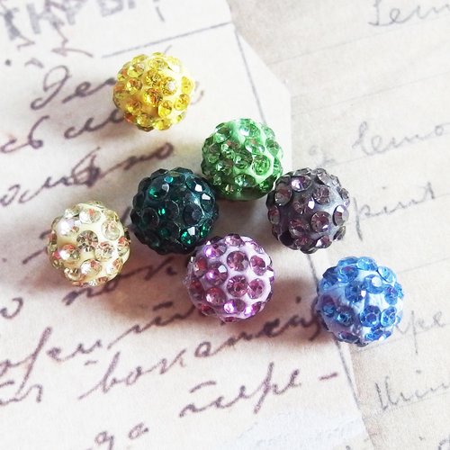 Lot perles shamballa 1cm strass mélange bleu vert x7
