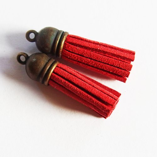 Breloques pompons glands suédine rouge embout bronze 35mm x2