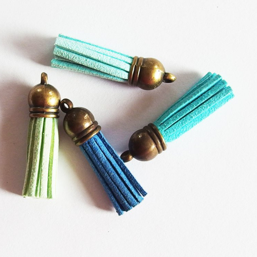 Breloques pompons glands suédine bleu vert embout bronze 35mm x4