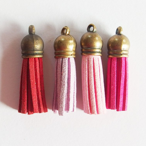 Breloques pompons glands suédine rose embout bronze 35mm x4