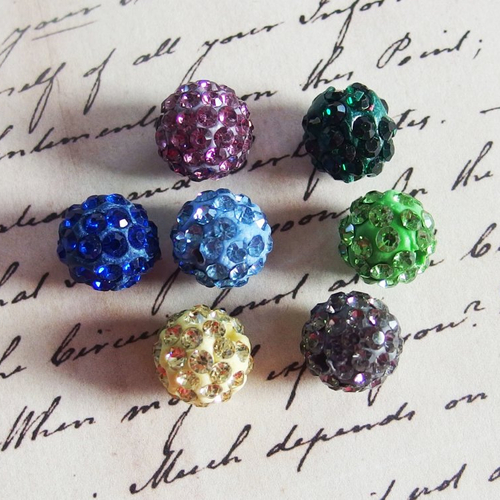 Lot perles shamballa 1cm strass mélange bleu vert jaune x7