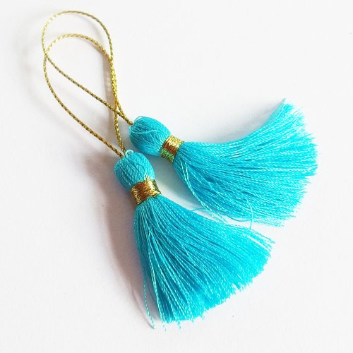 Pompon gland fil de coton turquoise et or 4cm x2