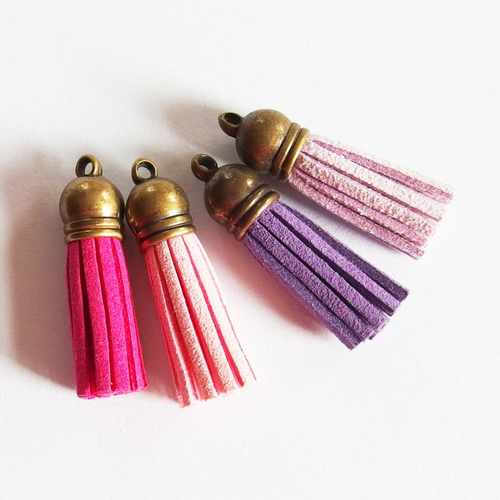 Breloques pompons glands suédine rose violet embout bronze 35mm x4