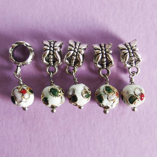 Lot breloques perle cloisonné émail blanc x5