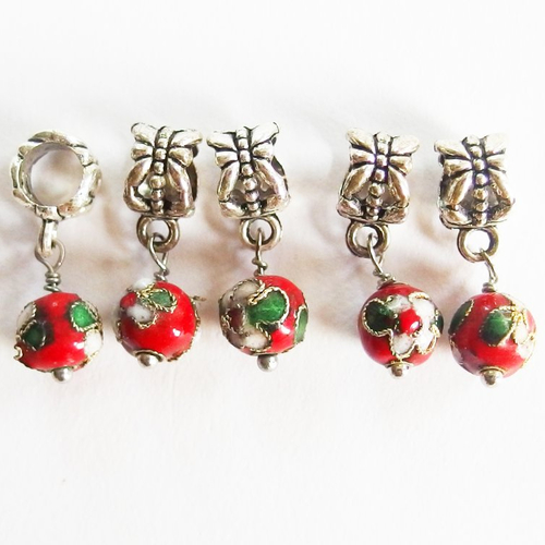 Lot breloques perle cloisonné émail rouge x5