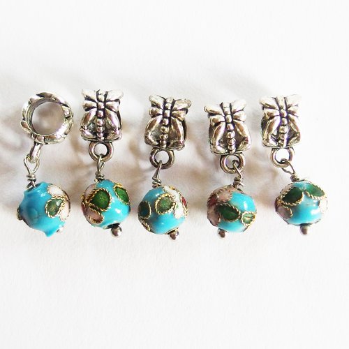 Lot breloques perle cloisonné émail bleu turquoise x5
