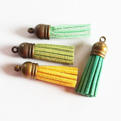 Breloques pompons glands suédine vert jaune embout bronze 35mm x4