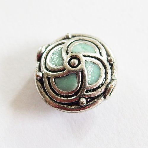 Perle tibétaine ethnique métal argent émail bleu céladon