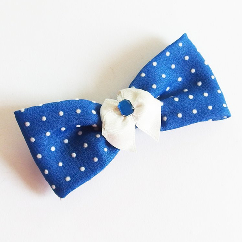 Noeud papillon bleu à pois blancs et strass 8,5cm