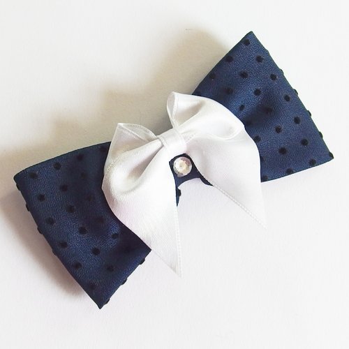 Noeud papillon bleu marine à pois noirs et strass 8,5cm