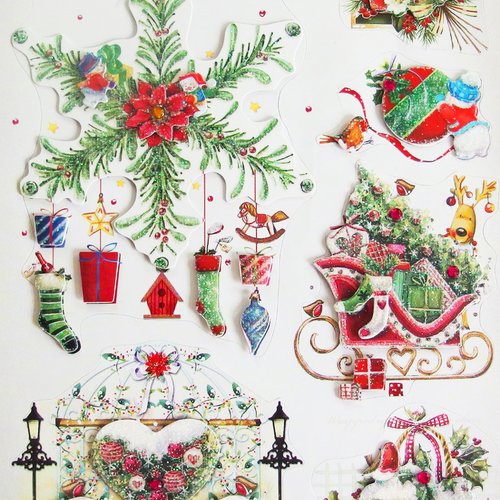 Stickers décoration noël vintage autocollants paillettes et strass x6