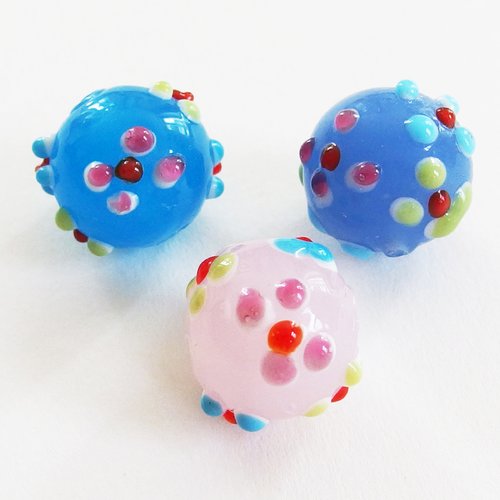 Lot perles verre lampwork forme ronde rose bleu parme 1,5cm