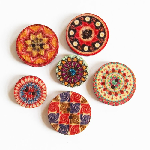 Lot boutons bois imprimé mandala x6