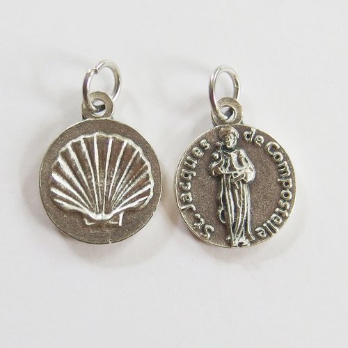 Breloque médaille religieuse saint jacques de compostelle avec coquille métal argent 1,5cm