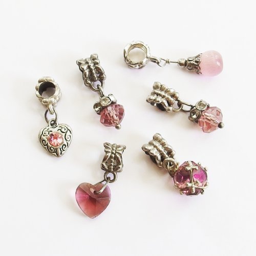 Lot breloques perles verre violet strass avec bélières argent x6
