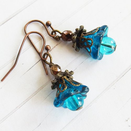 Boucles d'oreilles vintage boho bleu bronze
