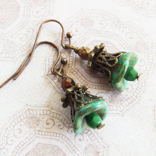 Boucles d'oreilles vintage boho vert bronze