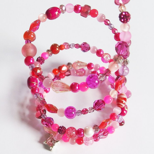 Bracelet manchette multirangs boho rose perles verre