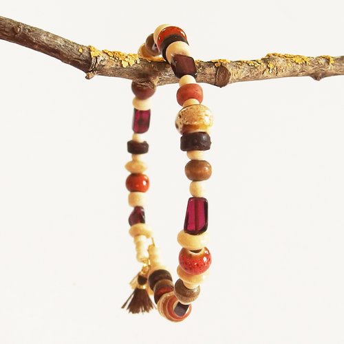 Bracelet boho ethnique tribal perles bois verre pompons