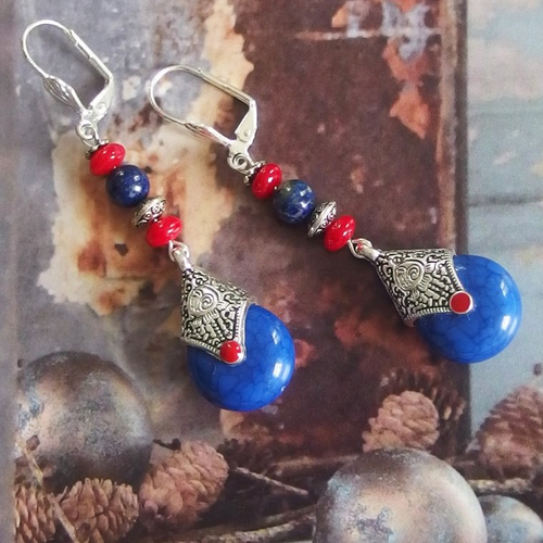Boucles d'oreilles ethnique corail lapiz-lazuli