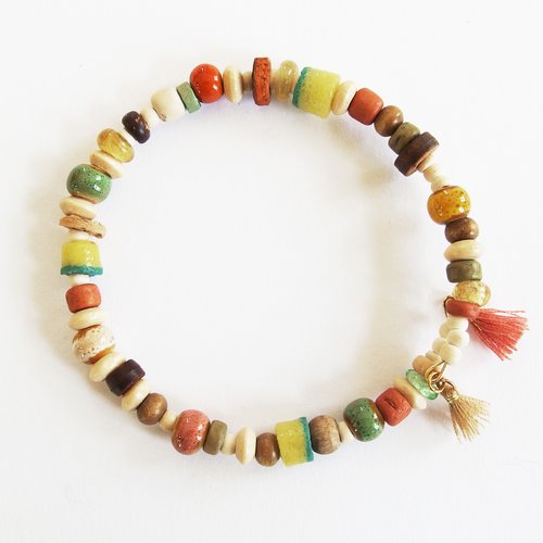 Bracelet boho ethnique tribal perles bois verre pompons