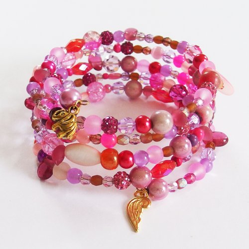 Bracelet manchette multirangs boho rose et or