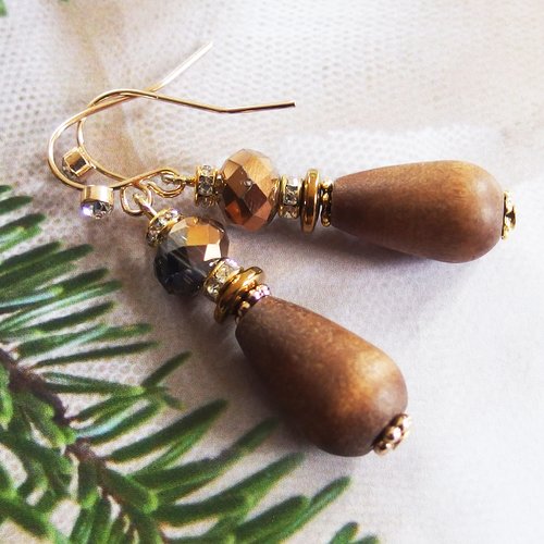 Boucles d'oreilles bois et verre esprit nature