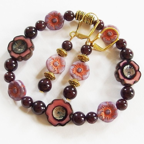 Parure pierre de gemme grenat et verre tchèque de bohème