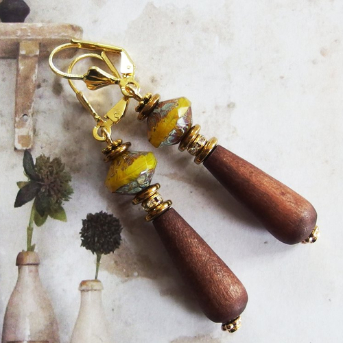 Boucles d'oreilles bois verre esprit bohème nature