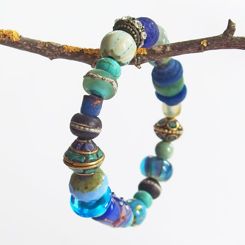 Bracelet boho ethnique tribal perles verre lampwork et os de yak