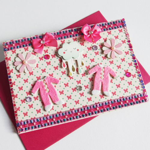 Carte naissance jumelles filles rose et blanc
