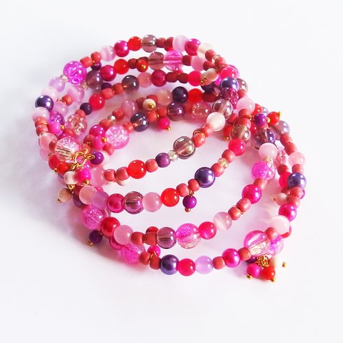 Bracelet manchette multirangs boho rose bois verre