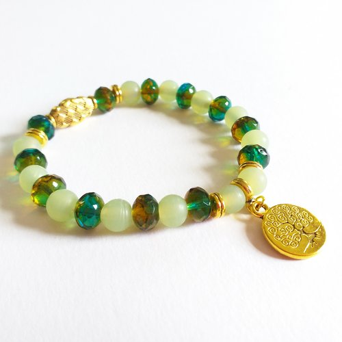 Bracelet yoga zen arbre de vie vert et or
